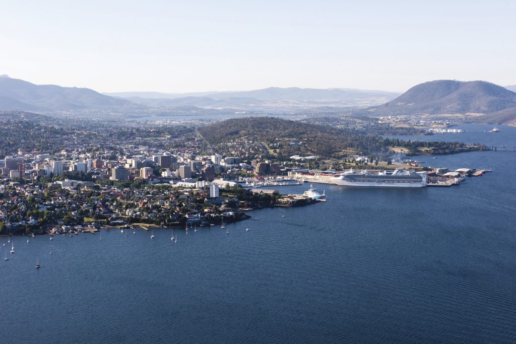 An aerial view over the city of Hobart and surrounding harbour